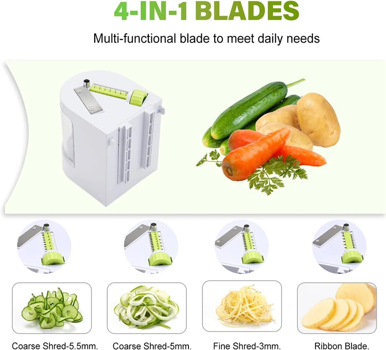 4 in 1 Vegetable Spiralizer with Stainless Steel Rotating Blades – Veggie Spiral Cutter & Noodle Maker – Great for Courgette Noodles, Salads & Garnishes