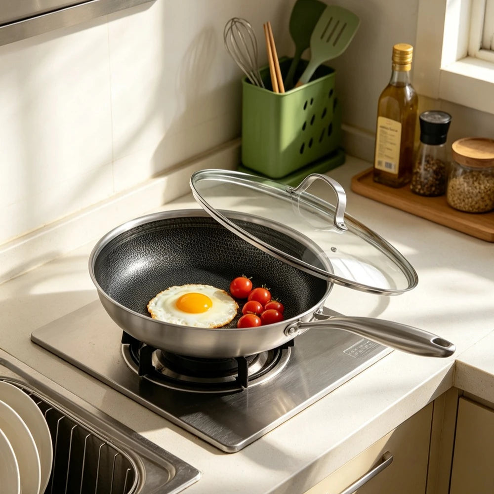 Honeycomb 3-Layer Stainless Steel Non-Stick Frying Pan with Lid – Cool-Touch Handle Skillet, Oven Safe to 315°C – Best for Eggs, Steaks & Omelettes (26cm)