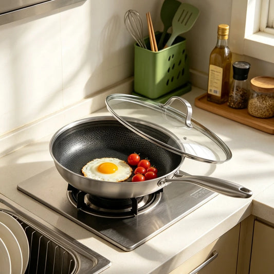 Honeycomb 3-Layer Stainless Steel Non-Stick Frying Pan with Lid – Cool-Touch Handle Skillet, Oven Safe to 315°C – Best for Eggs, Steaks & Omelettes (26cm) 26cm United Kingdom