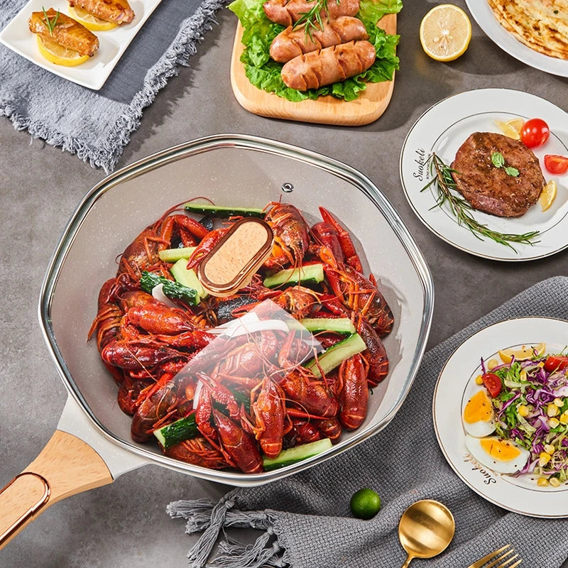 Octagonal Medical Stone Non-Stick Wok Frying Pan with Glass Lid – Deep Skillet for Stir-Fries, Sautéing, Frying, Soup, Noodles, Steak, Eggs, Pancakes & One-Pan Meals – Induction & Gas Compatible – Available in 30cm &  32cm