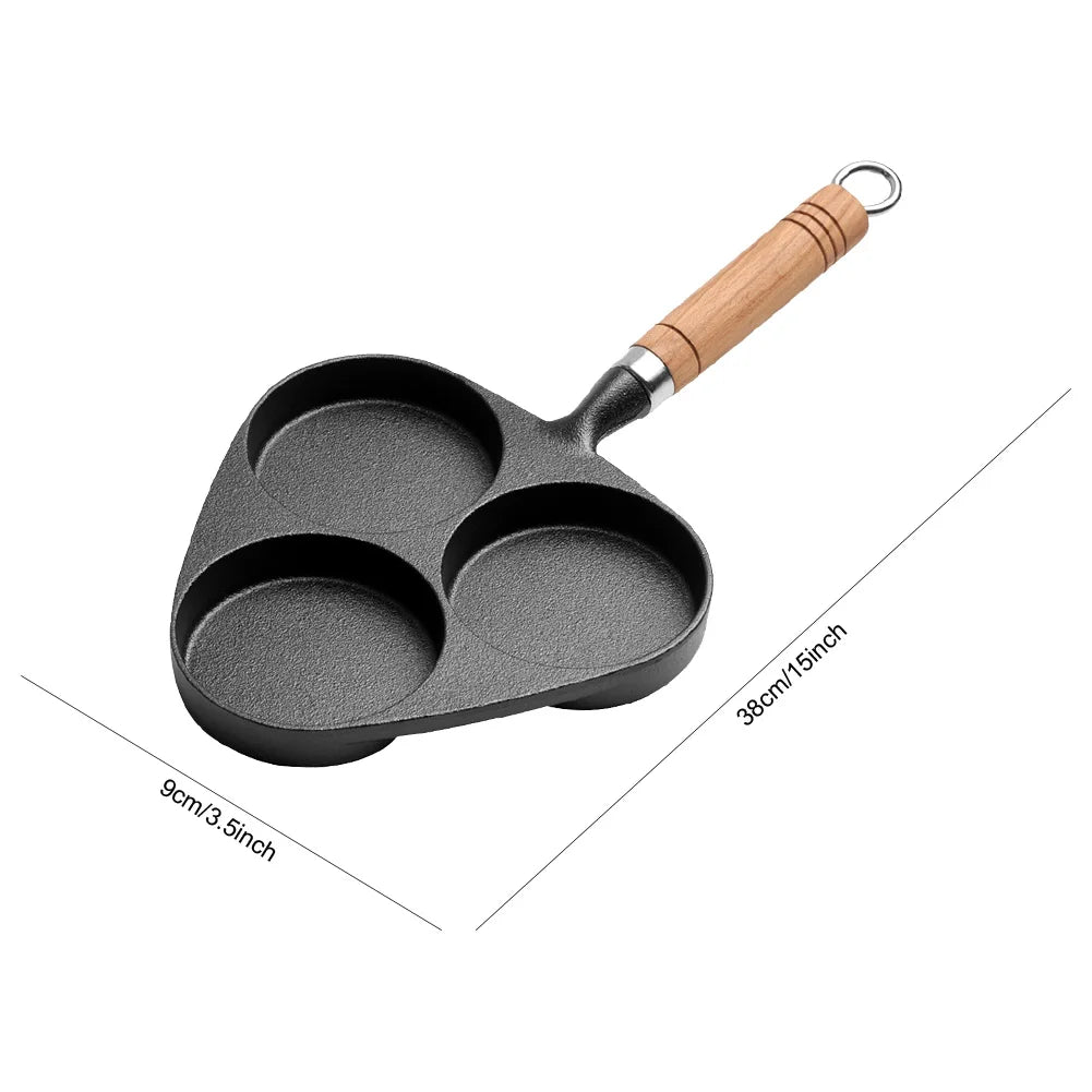 Three Hole Cast Iron Fried Egg Pan  With Wooden Handle Breakfast Pancake Pan Nonstick Egg Pan