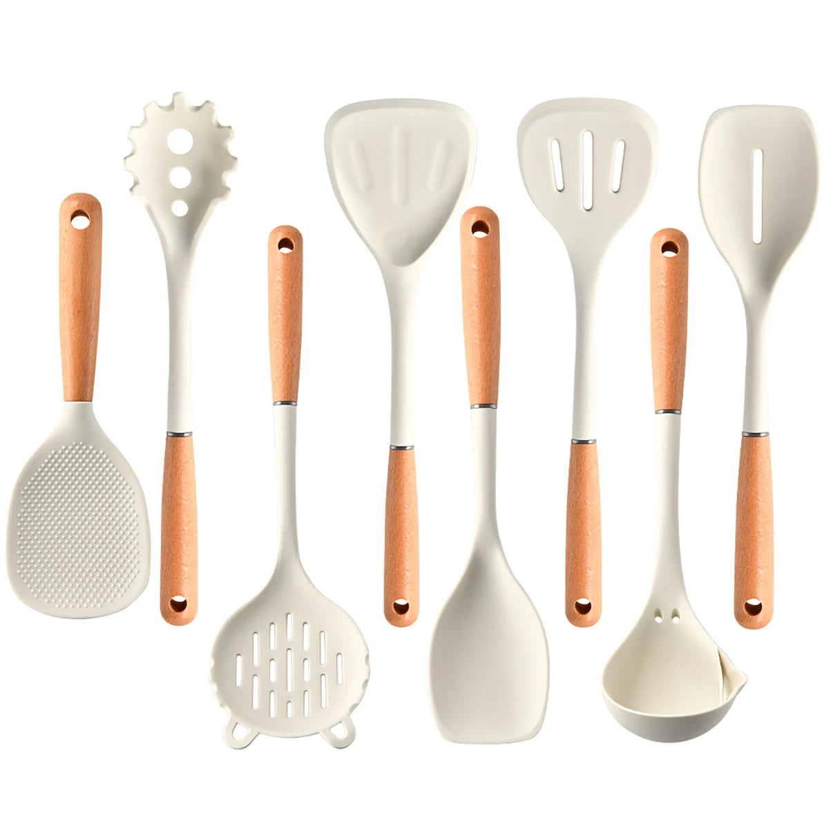 8-Piece Silicone Kitchen Utensils Set with Wooden Handles – Non-Stick Safe | Cream, White & Green