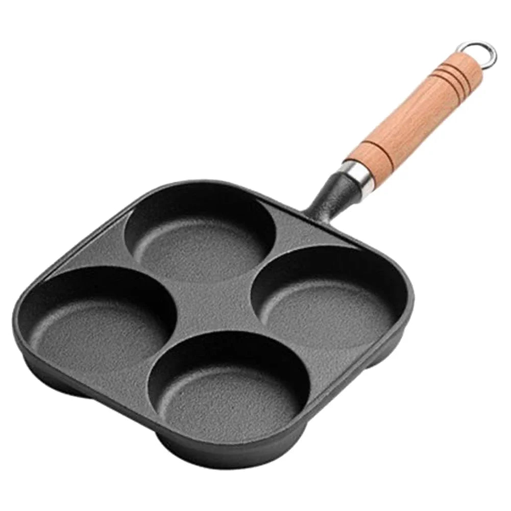 Pre-Seasoned 4-Hole Cast Iron Frying Pan – Non-Stick Breakfast Skillet with Wooden Handle for Eggs, Pancakes, Burgers & More (Gas & Induction Compatible)