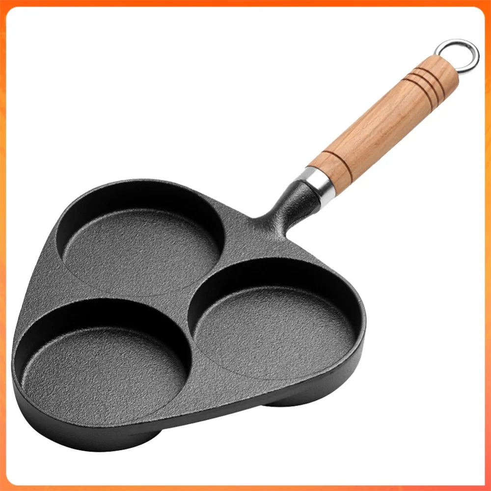 Three Hole Cast Iron Fried Egg Pan  With Wooden Handle Breakfast Pancake Pan Nonstick Egg Pan