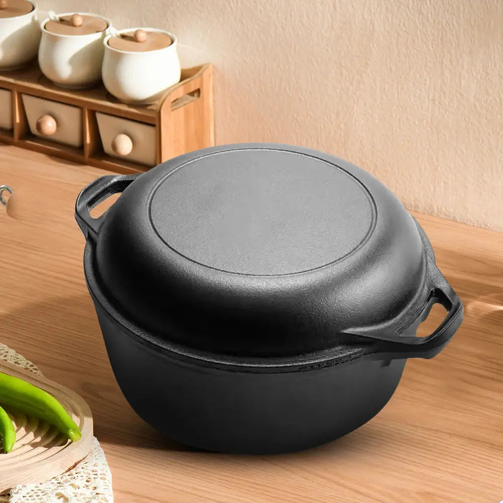 Pre-Seasoned Cast Iron 2-in-1 Dutch Oven Pot & Skillet – Multi-Purpose Cookware Set with Dual Handles for Baking Bread, Frying, Stewing, Camping & BBQ