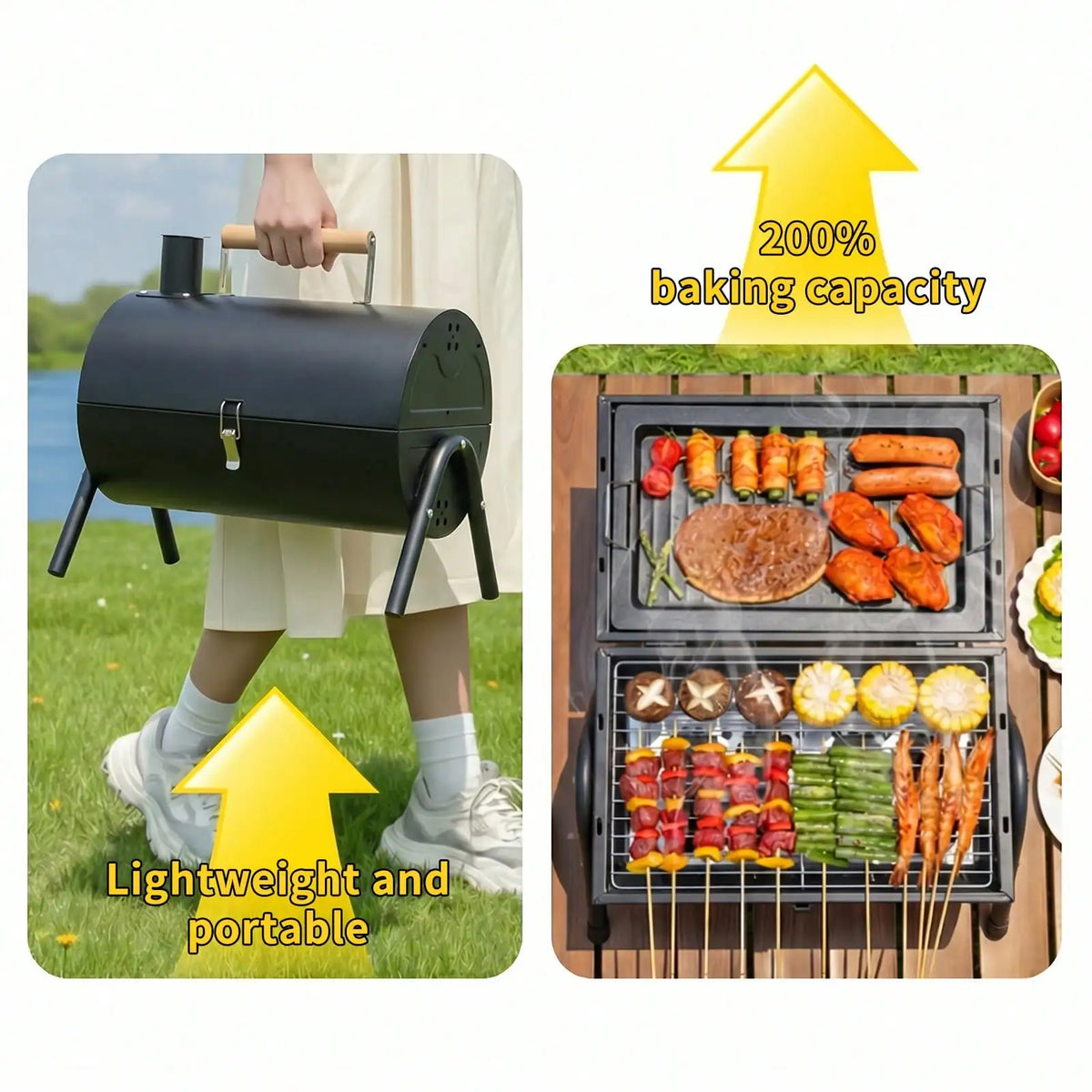 Double Layer Portable Charcoal BBQ with Grill Plate – Camping Barbecue with Grill Rack, Non-Stick Hot Plate & Chimney – Great for Picnics, Garden & Beach