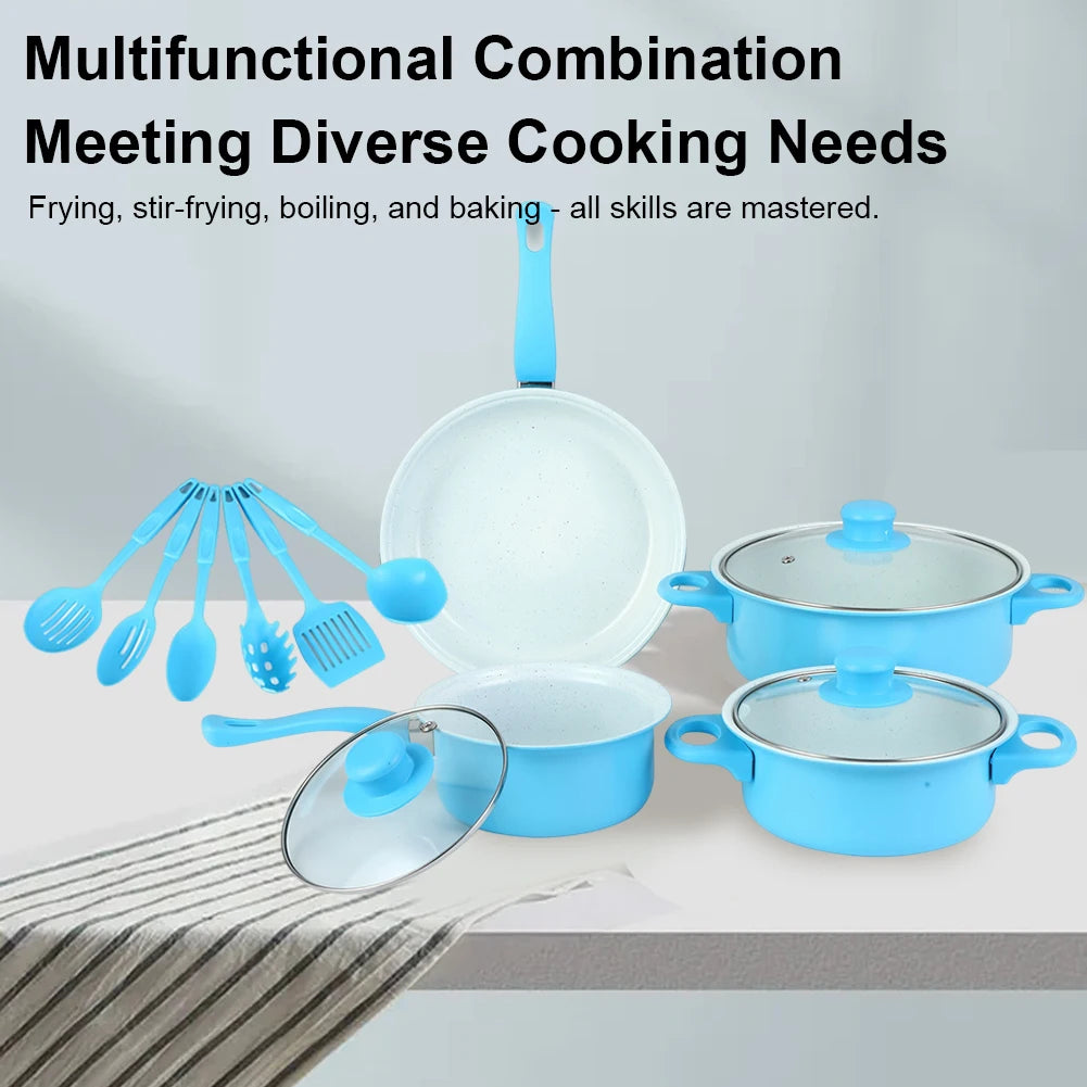 12 Piece Maifan Stone Non-Stick Cookware Set – Stackable Deep Frying Pan, Milk Pot & Cooking Pot with Lids – Best for Quick Breakfasts & Family Dinners – Available in Black, Blue & Pink Colours