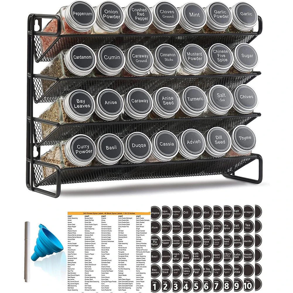 4 Tier Metal Spice Rack Organiser Set – Countertop & Cabinet Seasoning Organiser – Best for Spice Jars & Seasonings – Available as Rack Only or with Spice Jars Rack with Spice Jars