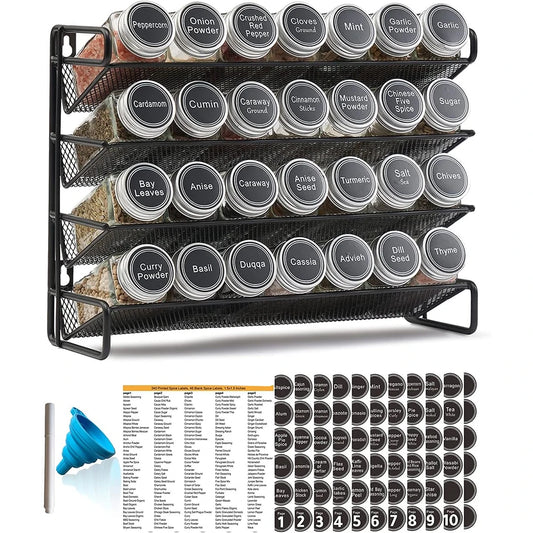 4 Tier Metal Spice Rack Organiser Set – Countertop & Cabinet Seasoning Organiser – Best for Spice Jars & Seasonings – Available as Rack Only or with Spice Jars