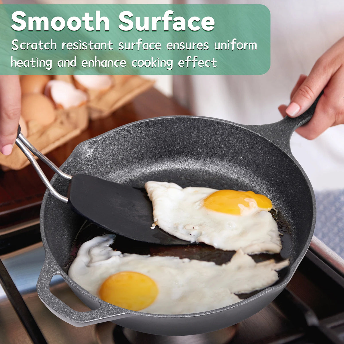 Round Cast Iron Frying Pan with Easy-Grip Handle – Heavy Duty Skillet with Hanging Loop – Great for Low-Oil Frying & Searing (26cm)