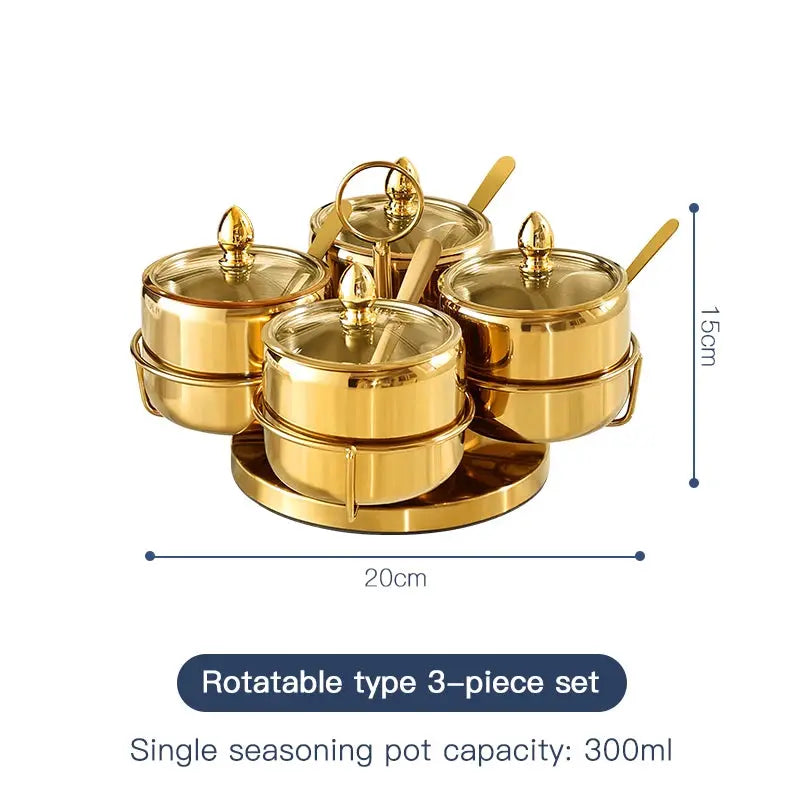 Luxury Golden 304 Stainless Steel Seasoning / Condiment Pot Set with Tempered Glass Lids, Matching Spoons & Storage Rack – Elegant Spice Containers with Food-Grade Coating – Ideal for Salt, Sugar, Spices & Condiments Rotation type 4