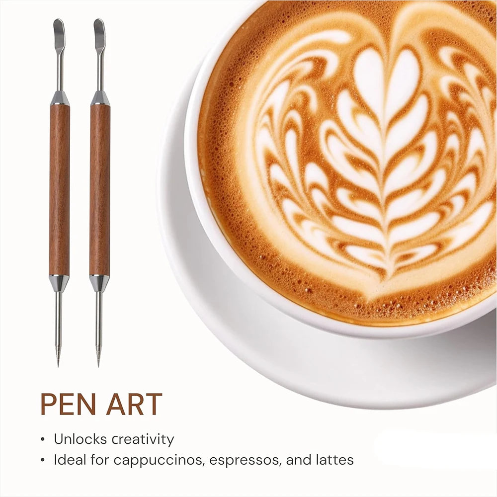 Stainless Steel Latte Art Pen with Wooden Handle – Coffee Decorating Needle – Perfect for Cappuccino Art, Hearts & Swirls