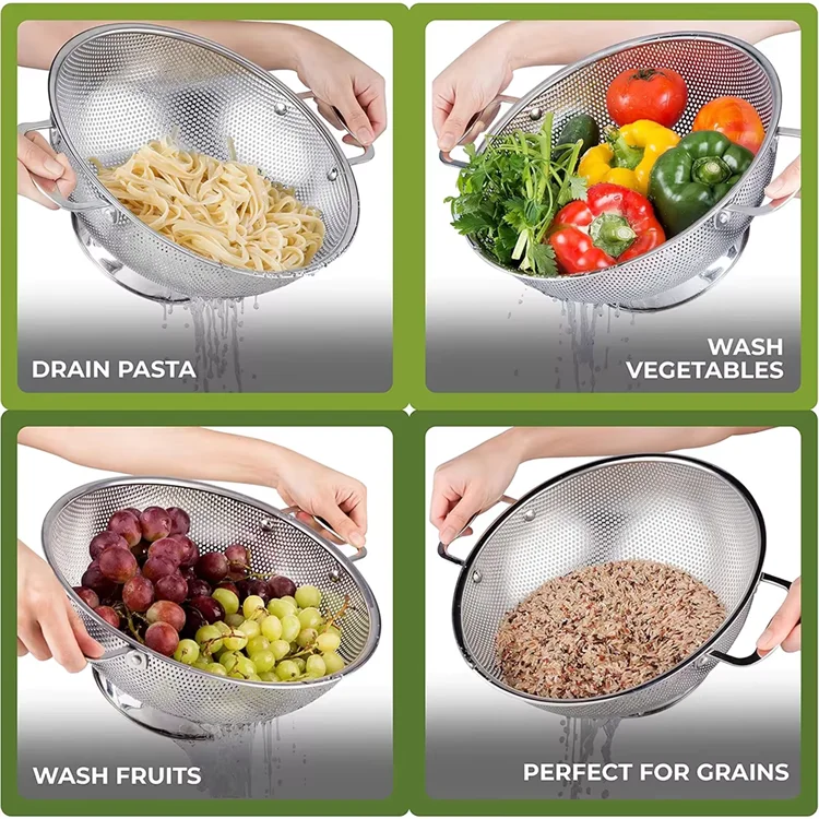 304 Stainless Steel Colander with Handles – Pasta Strainer Bowl – Ideal for Draining Pasta, Spaghetti, Vegetables & Fruit – Available in Small, Medium & Large