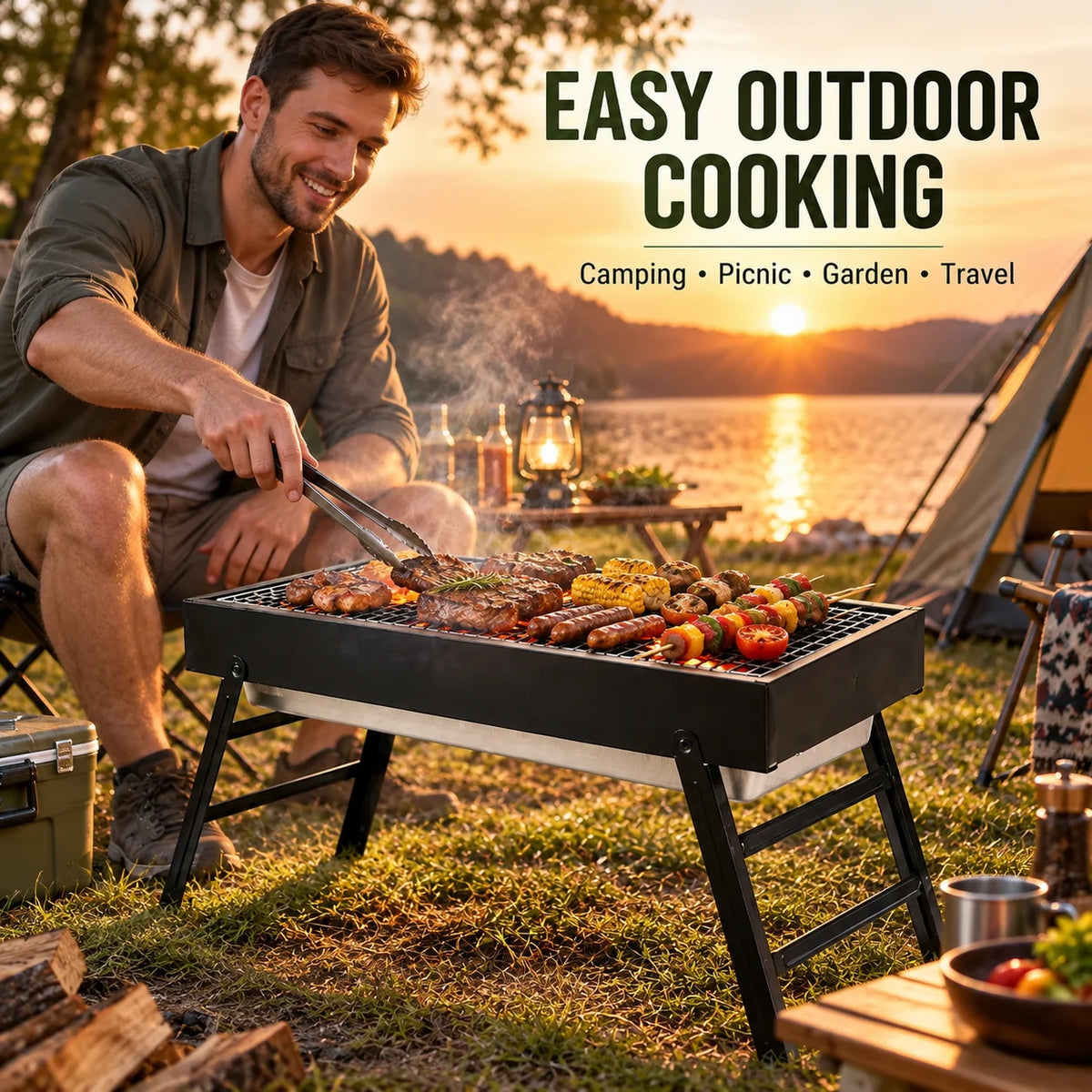 Portable Folding Charcoal BBQ Grill – Compact Stainless Steel Camping Barbecue – Perfect for Picnics, Garden & Travel (60 x 22.5 x 32cm)