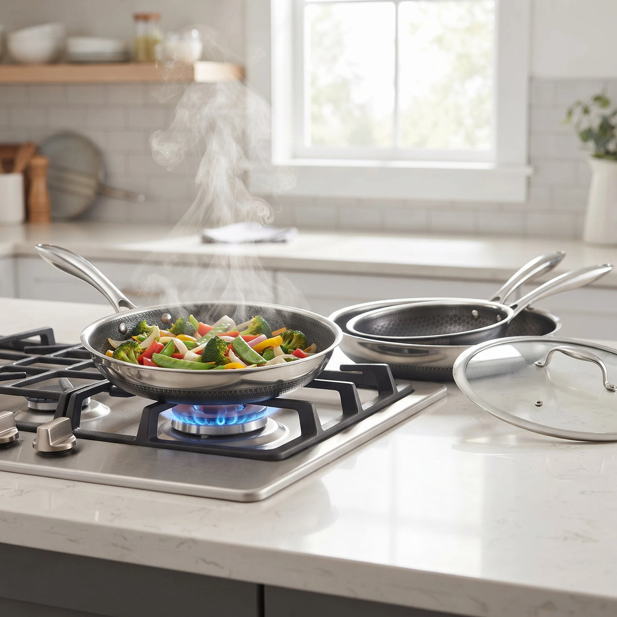 3 Piece Titanium Frying Pan Set with Lids – Tri-Ply Clad Uncoated Non-Stick Skillets 20cm, 26cm & 28cm – Best for Metal Utensils & Healthy Cooking