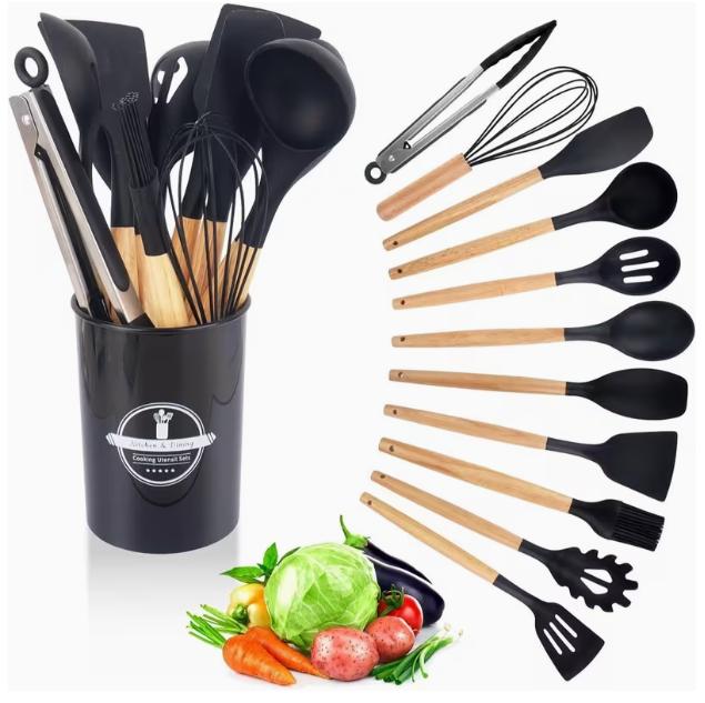 12-Piece Silicone Cooking Utensils Set with Wooden Handles