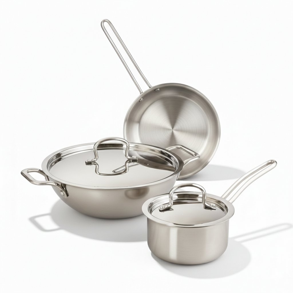 Tri-Ply Stainless Steel Cookware Set, Kadai + Frypan + Tea/Milk/Sauce pan with Lid, Premium Quality 3.3L Kadai + 2.3L Frypan + 1.8L Saucepan