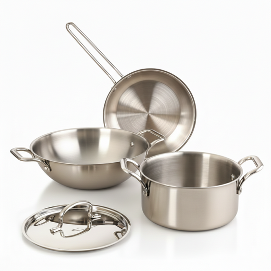 Tri-Ply Stainless Steel Cookware Set, Kadai + Fry Pan + Casserole + Lid, Non-Stick Cooking Surface