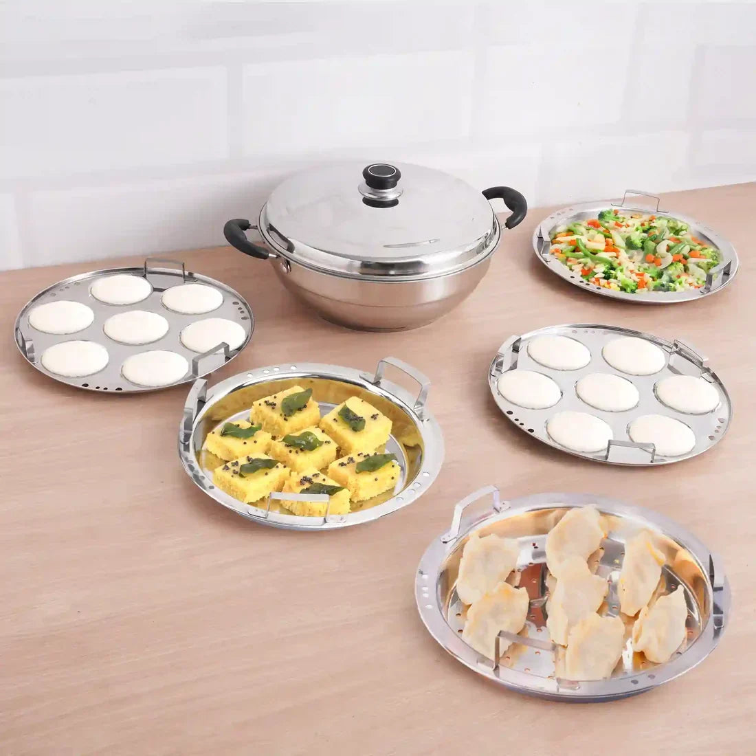 Stainless Steel Idli Maker/Momo Maker/Multi Kadai/Steamer Set, Large, 5 Plates, 2 Idli, 2 Dhokla
