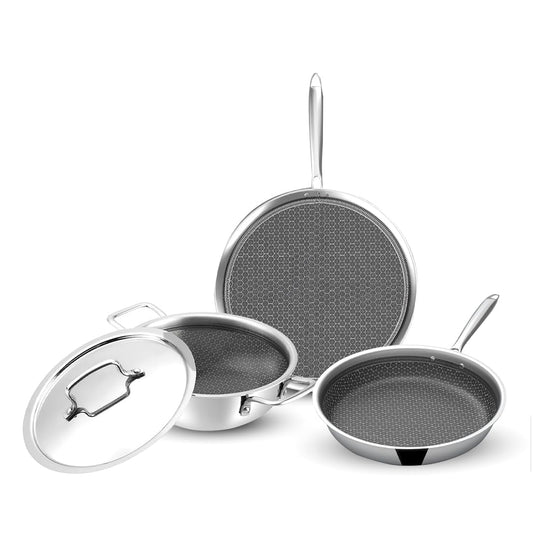 Tri-Ply HoneyComb 3-Pc Cookware Set 26 cm Fry Pan, 26 cm Kadai with Lid and 29 cm Dosa Tawa, Non-Stick