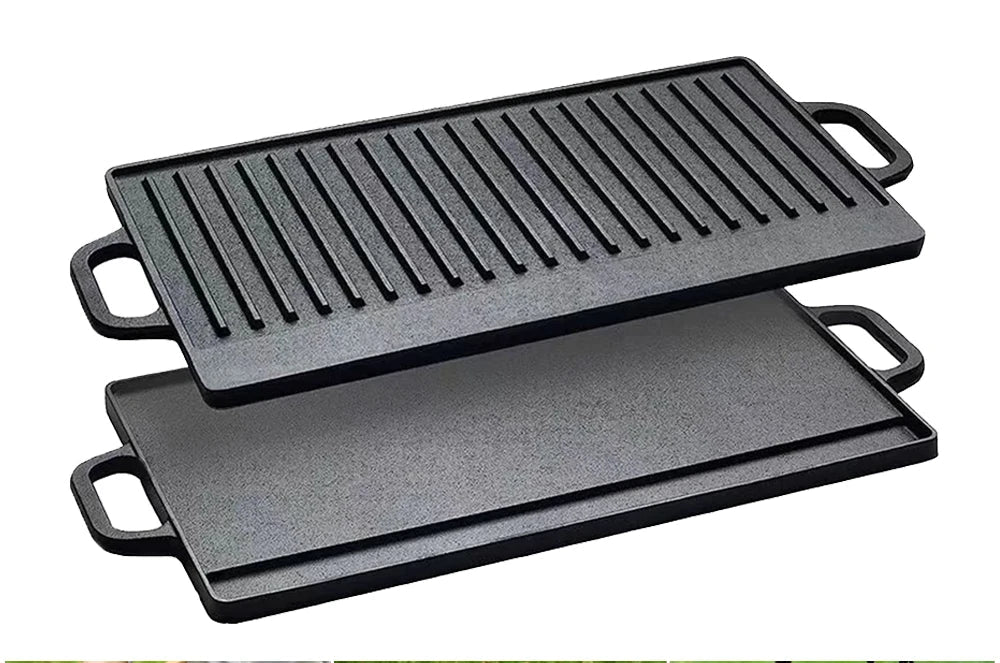 Double-Sided Cast Iron Grill Plate with Double Handles – Ridged & Smooth Griddle for Oven, Hob & BBQ – Best for Steaks, Eggs & Pancakes (51 x 23cm)