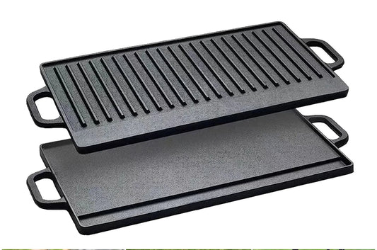 Double-Sided Cast Iron Grill Plate with Double Handles – Ridged & Smooth Griddle for Oven, Hob & BBQ – Best for Steaks, Eggs & Pancakes (51 x 23cm)