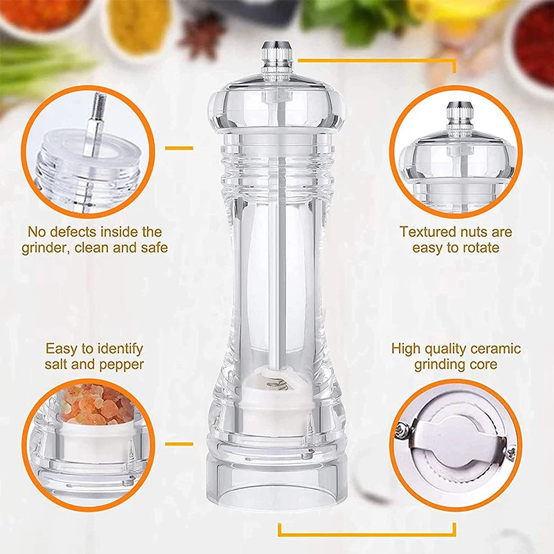Clear Acrylic Salt & Pepper Grinder Mill with Adjustable Ceramic Coarseness – Refillable Sea Salt & Pepper Mill – Great for Sea Salt & Peppercorns – Available in 4, 5, 6 & 8 Inch