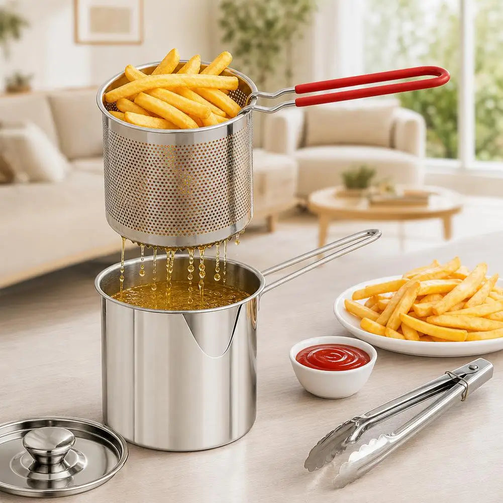 Small Stainless Steel Deep Fryer Pot with Basket, Tongs & Lid – 304 Oil-Saving Chip Pan with Pour Spout – Perfect for Chips, Tempura & Chicken – Available in 4 & 5 Piece Sets