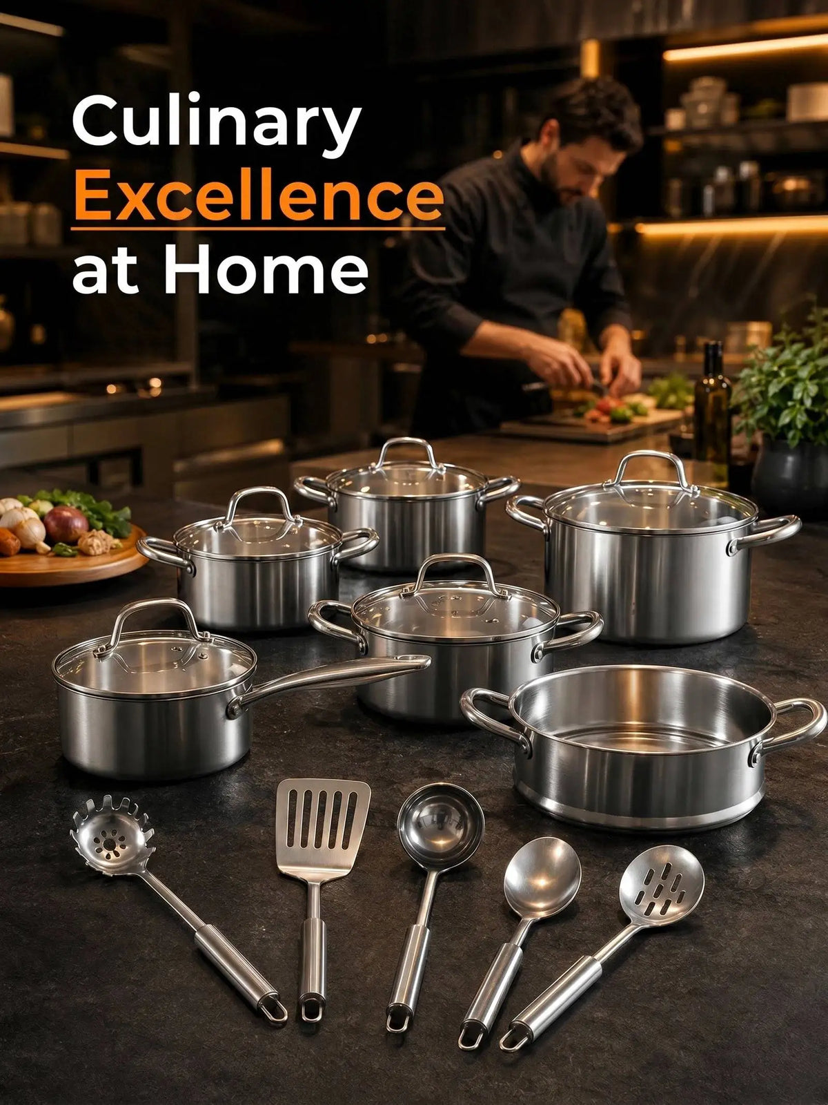 15 Piece Three-Layer Stainless Steel Pots & Pans Set with Glass Lids – Professional Frying Pans, Saucepans & Soup Pots – Perfect for Induction & Big Families