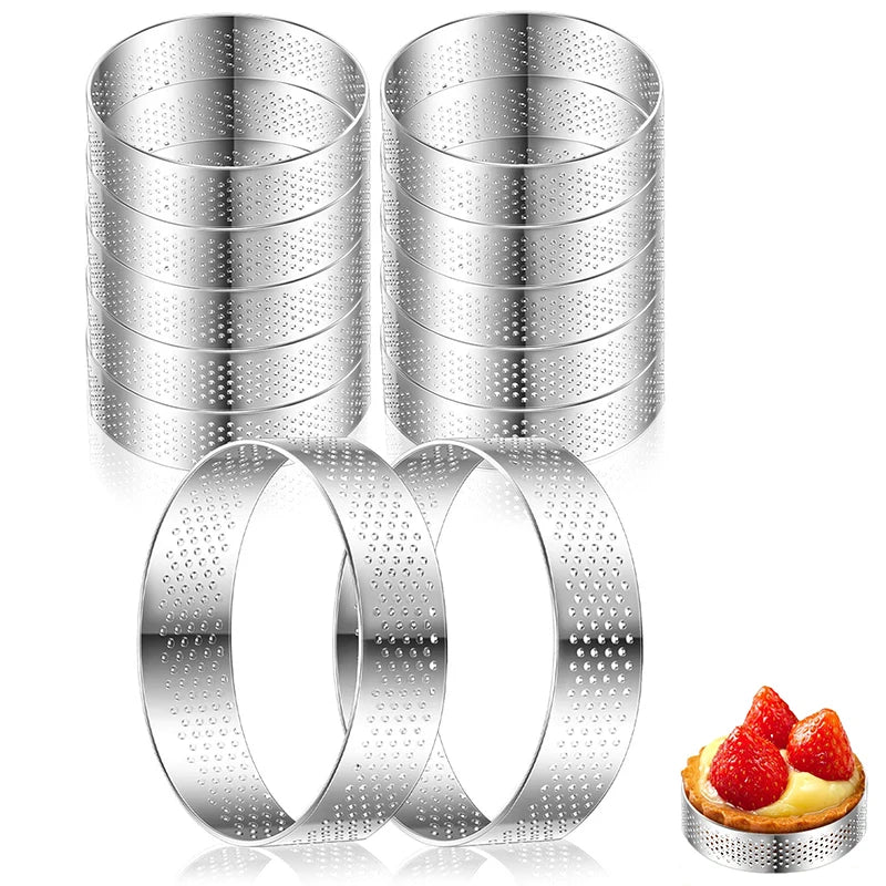 12 Piece Perforated Stainless Steel Tart Rings – Non-Stick Round Cake & Mousse Rings – Ideal for Tarts, Mousse Cakes & Desserts