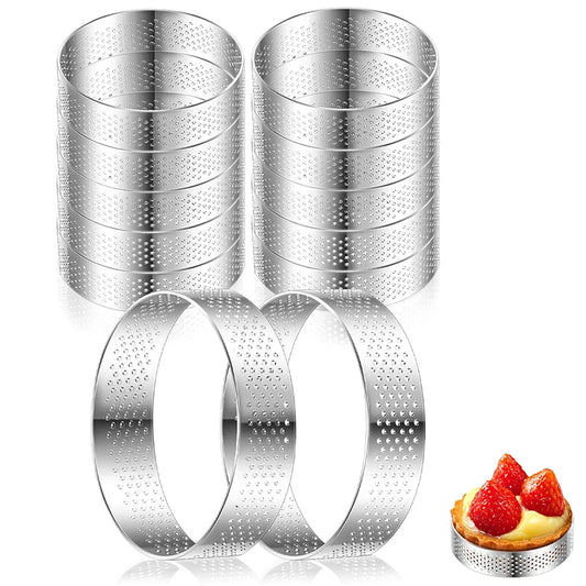 12 Piece Perforated Stainless Steel Tart Rings – Non-Stick Round Cake & Mousse Rings – Ideal for Tarts, Mousse Cakes & Desserts
