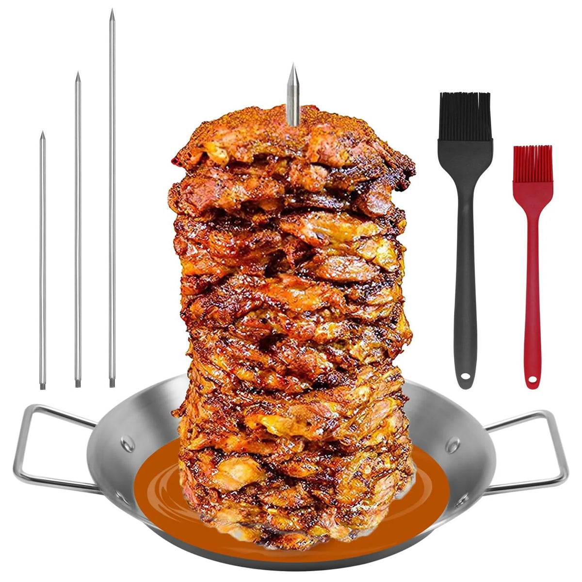 Stainless Steel Vertical Al Pastor Skewer with Base Plate – Brazilian Style Vertical Spit Stand – Perfect for Shawarma, Tacos & Outdoor BBQ Grills – Available in 4 Pieces, 6 Pieces & 8 Pieces