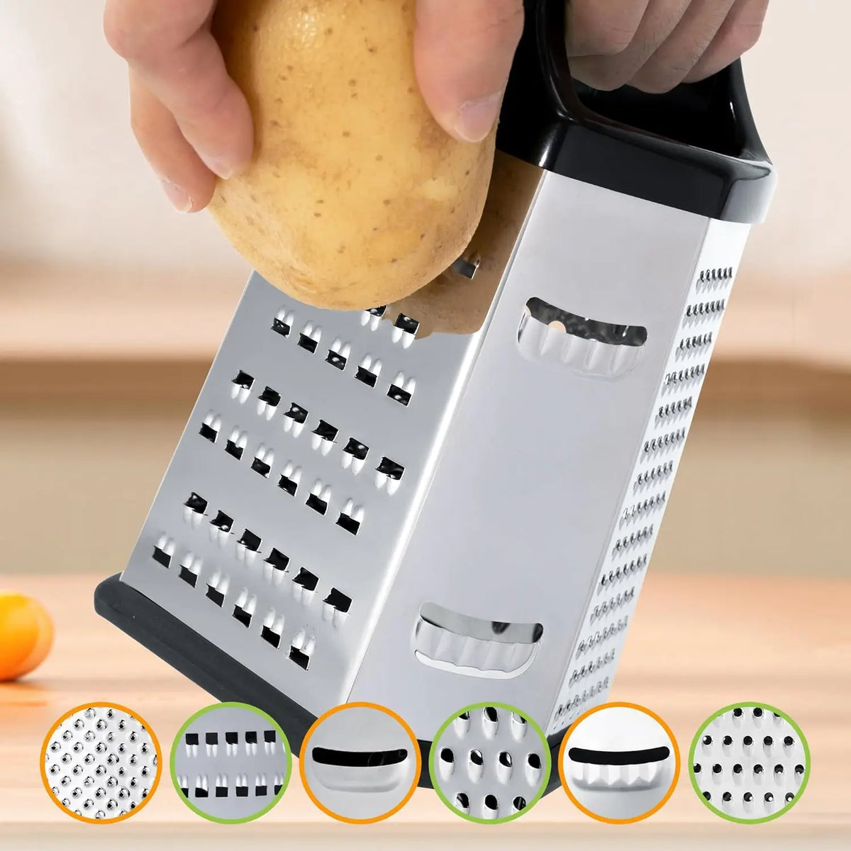 6-Sided Stainless Steel Box Grater – Multi-Function Cheese, Vegetable & Potato Grater, Slicer & Zester – Great for Cheese, Carrots & Nutmeg