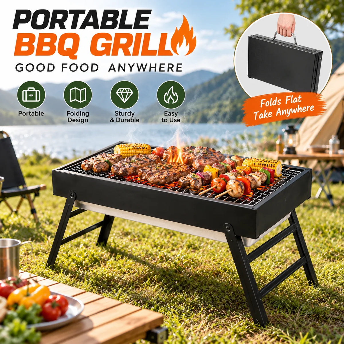 Portable Folding Charcoal BBQ Grill – Compact Stainless Steel Camping Barbecue – Perfect for Picnics, Garden & Travel (60 x 22.5 x 32cm)