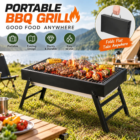 Portable Folding Charcoal BBQ Grill – Compact Stainless Steel Camping Barbecue – Perfect for Picnics, Garden & Travel (60 x 22.5 x 32cm)