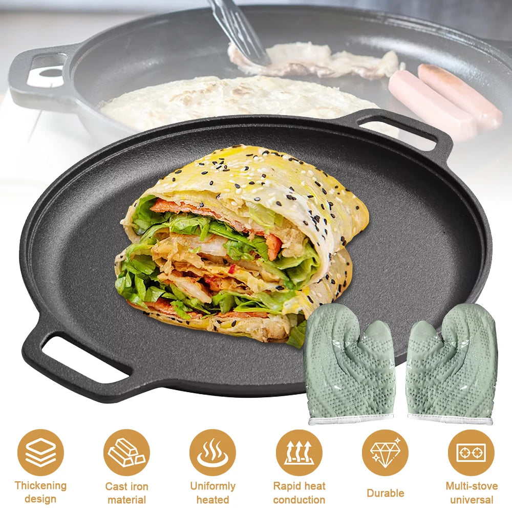 Cast Iron Double Handle Frying Pan with Gloves – Non-Stick Grill Skillet, Pancake & Pizza Pan – Perfect for Home & Outdoor Camping (28cm)