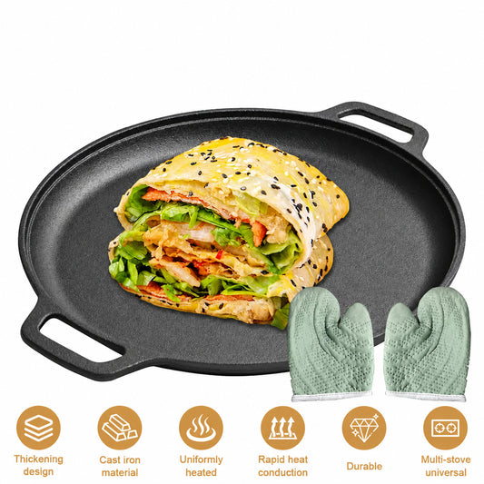 Cast Iron Double Handle Frying Pan with Gloves – Non-Stick Grill Skillet, Pancake & Pizza Pan – Perfect for Home & Outdoor Camping (28cm) United Kingdom