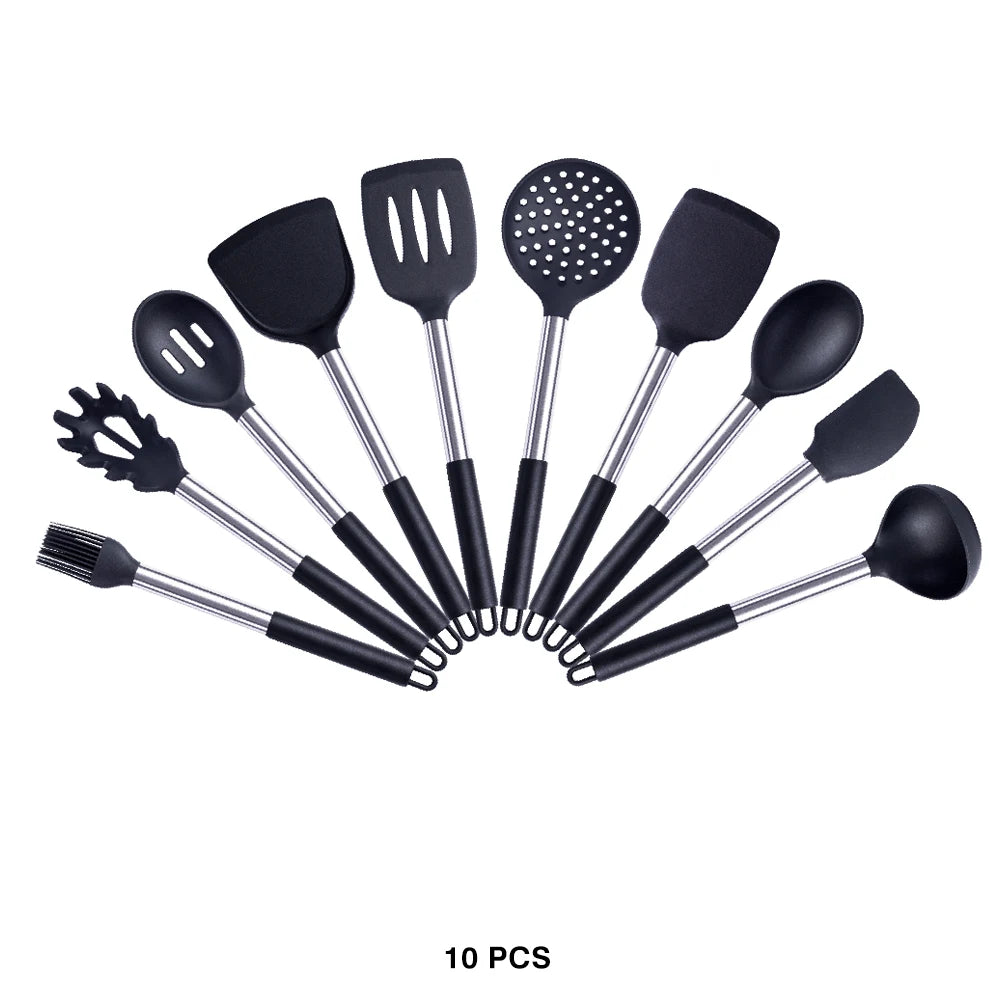 Silicone Kitchen Utensils Set with Stainless Steel Handles – Non-Stick Safe, Heat Resistant | Grey & Black | Available in 5 to 15-Piece Sets