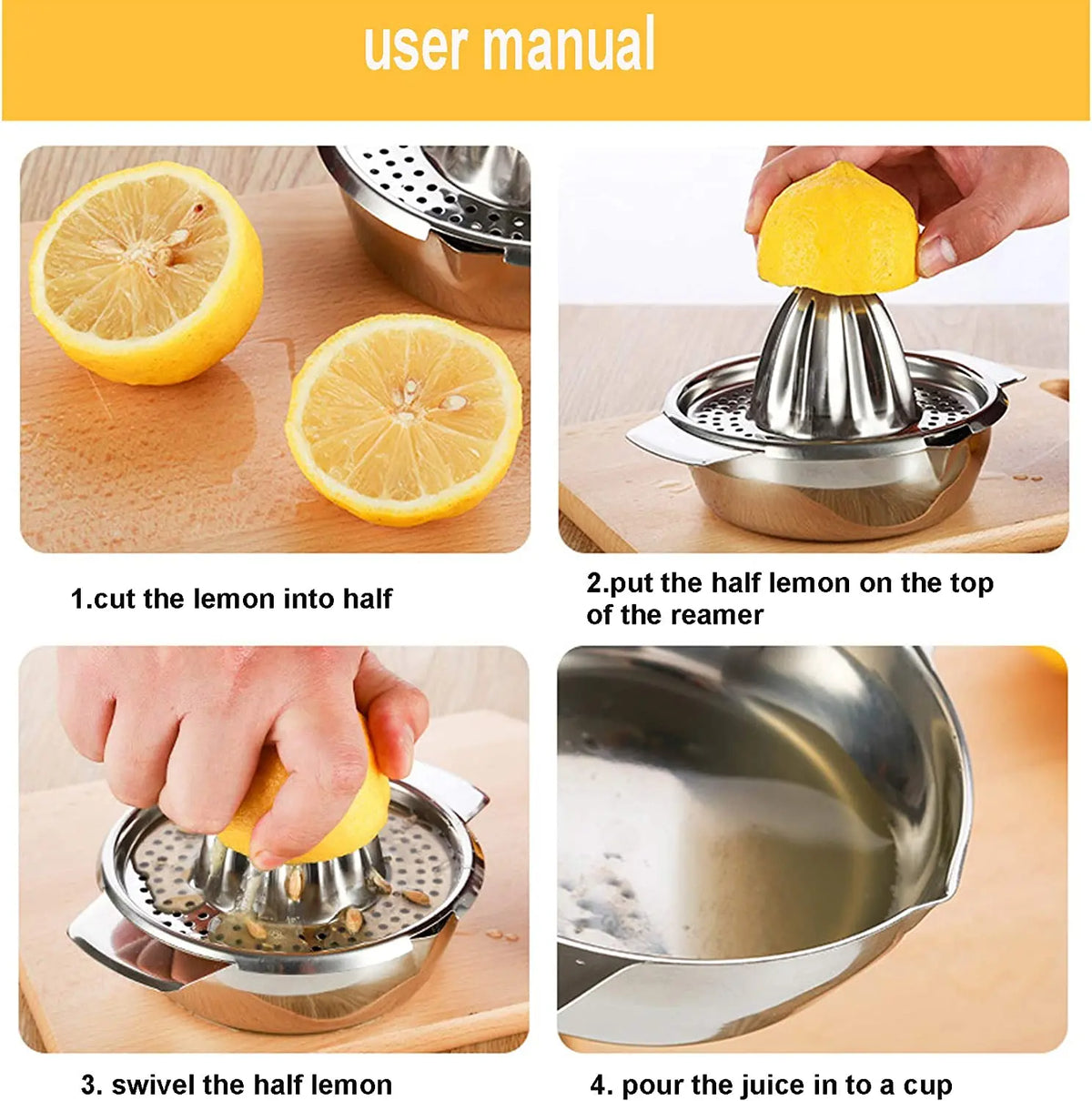 Stainless Steel Lemon Squeezer Cup with Reamer – Manual Citrus Juicer for Lemons & Oranges – Great for Fresh Juice & Cooking