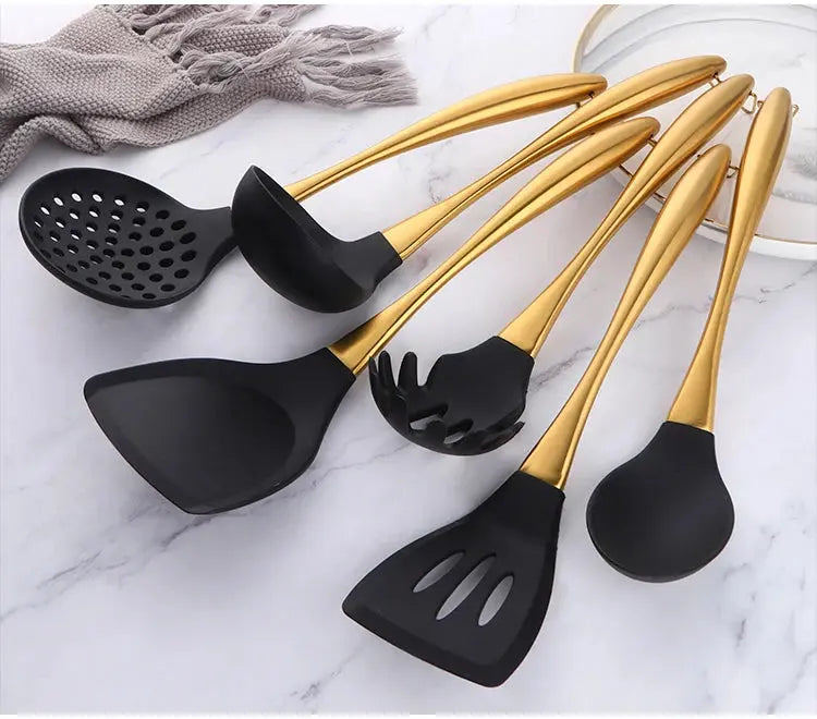 7-Piece Silicone Utensil Set with Golden Stainless Steel Handles - Cooking Utensil Set