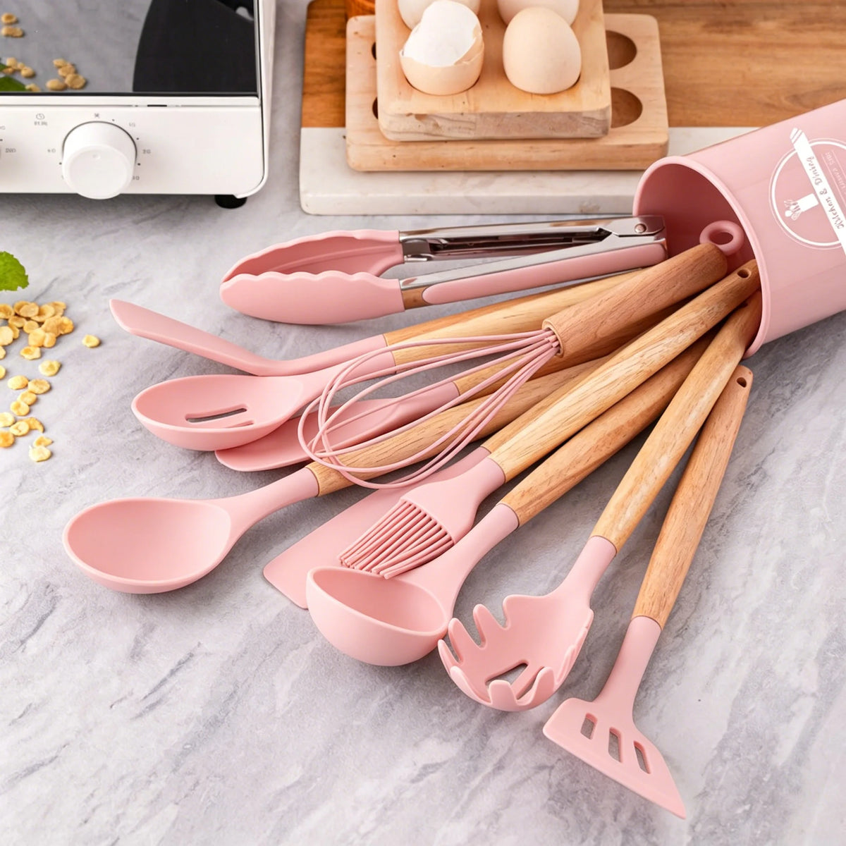 12 Piece Silicone Kitchen Utensil Set with Wooden Handles & Storage Pot – Heat Resistant BPA-Free Cooking Tools – Best for Non-Stick Cookware & Baking – Available in Black, White, Pink, Khaki & Light Green Colours