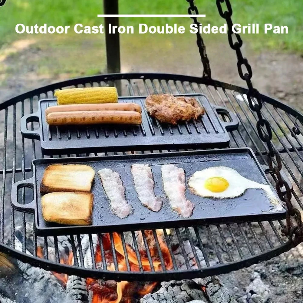 Double-Sided Cast Iron Grill Plate with Double Handles – Ridged & Smooth Griddle for Oven, Hob & BBQ – Best for Steaks, Eggs & Pancakes (51 x 23cm)