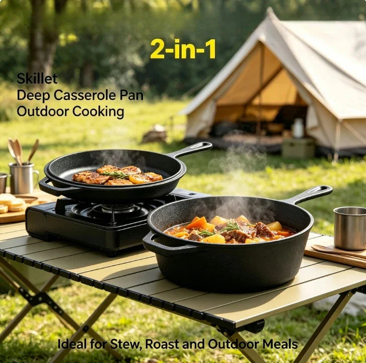 Cast Iron Dutch Oven with Skillet Lid – Pre-Seasoned 2-in-1 Casserole Pot & Frying Pan – Ideal for Stews, Baking & Camping (26cm)