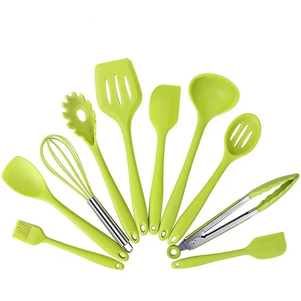 10-Piece Silicone Kitchen Utensils Set – Non-Stick, Heat-Resistant Cooking Utensils – Ideal for Daily Cooking– Available in Black, Light Green, Red, and Blue Colours.