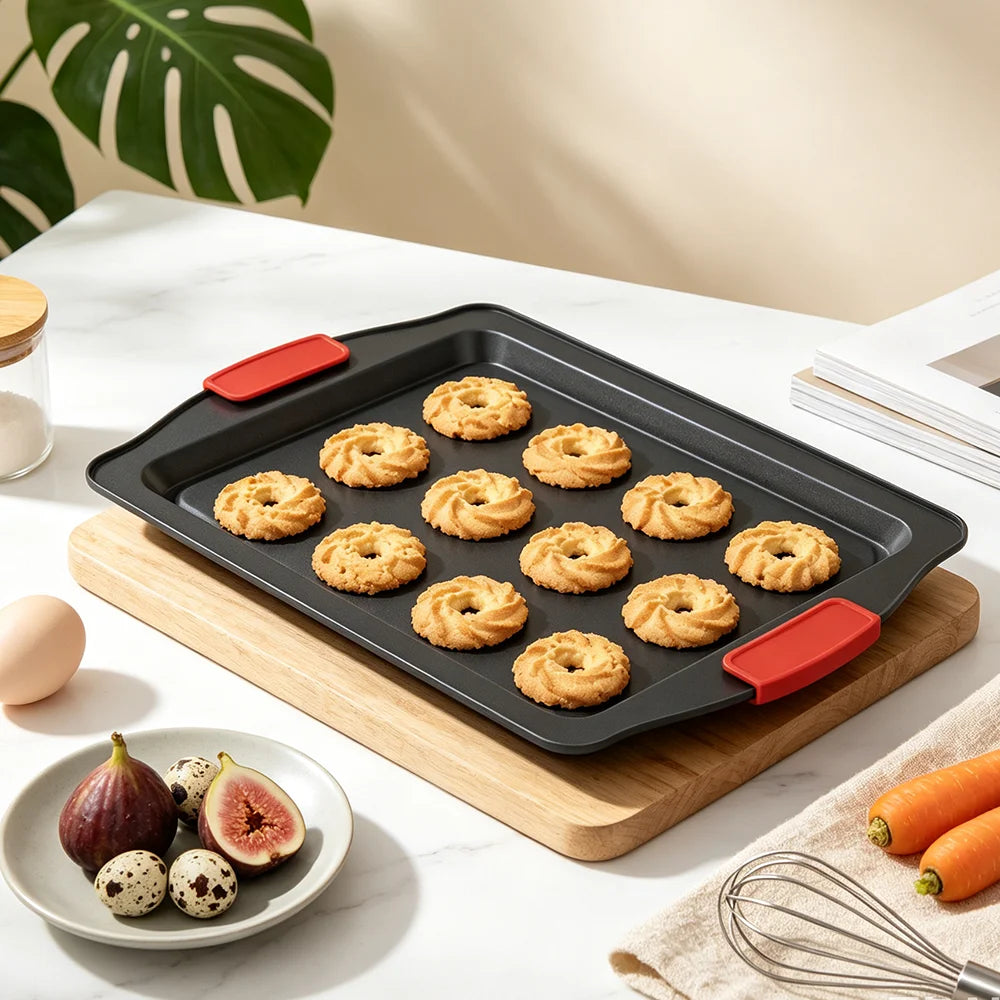 3 Piece Non-Stick Carbon Steel Baking Tray Set with Silicone Handles & Cookie Cutters – Best for Biscuits, Cakes & Roasting