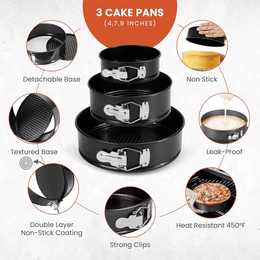 103 Piece Cake Baking Set with 3 Springform Pans – 4, 7 & 9 Inch Non-Stick Tins with Piping Tips, Liners & Scrapers – Best for Layer Cakes & Cheesecakes