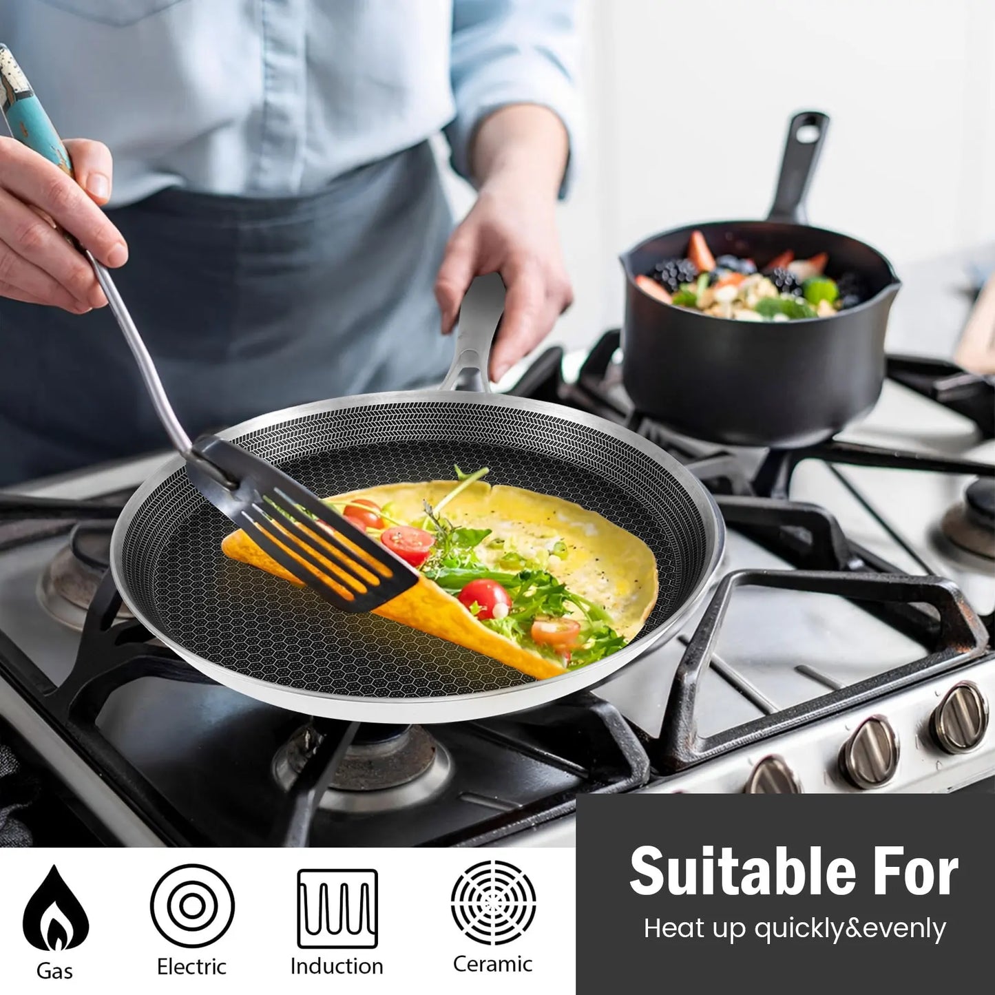 Honeycomb Stainless Steel Multi-Purpose Crepe/Pancake/Tawa/Dosa/Tortilla/Roti Pan – Non-Stick Pan with Ergonomic Handle – Perfect for Pancakes,Eggs, Wraps,Omelettes,Grilling & More Compatible with All Stovetops 26cm