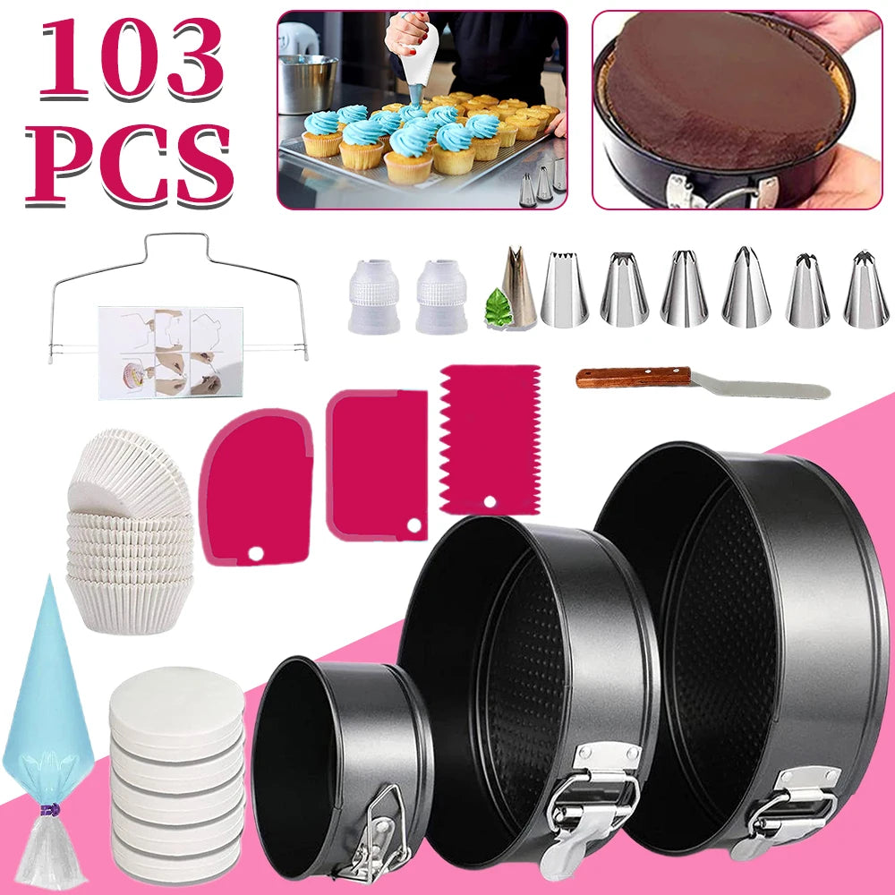 103 Piece Cake Baking Set with 3 Springform Pans – 4, 7 & 9 Inch Non-Stick Tins with Piping Tips, Liners & Scrapers – Best for Layer Cakes & Cheesecakes