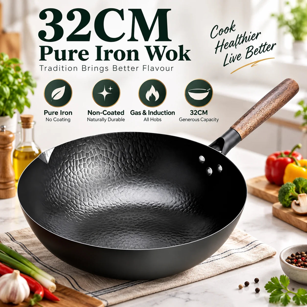 Carbon Steel Wok with Wooden Lid – Uncoated Pure Iron Stir-Fry Wok for Gas, Electric & Induction Hobs – Best for Stir-Fries, Noodles & Fried Rice (32cm)