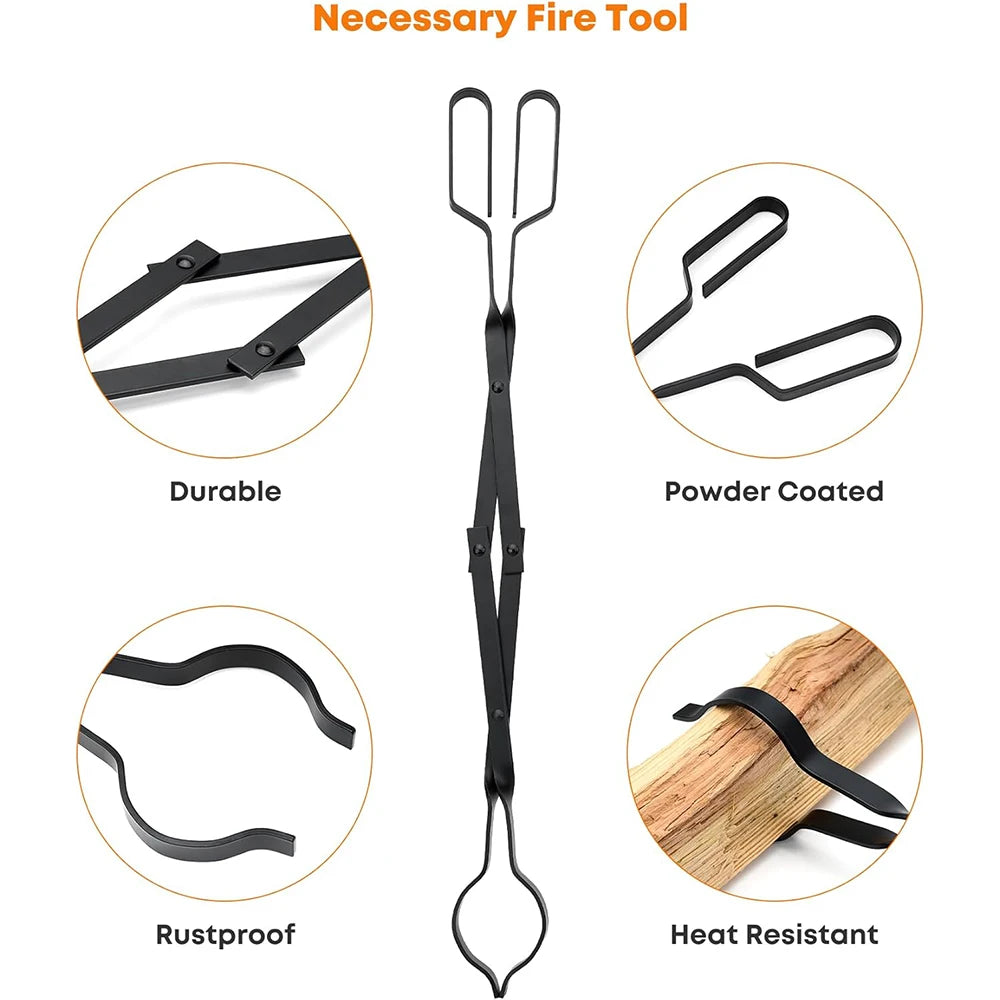 Firewood Tongs & Fire Poker Set with Wooden Handles – Rustproof Campfire & Fire Pit Set – Perfect for Fireplaces, Fire Pits & Campfires – Available as Tongs, Poker, Forks or Full Set